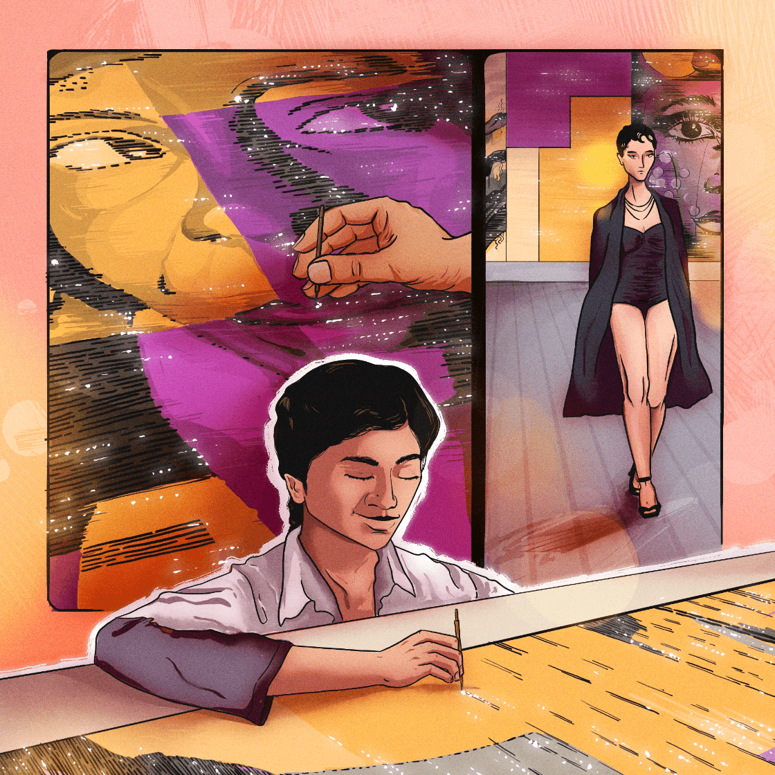 Illustration of an embroidery artisan at work beside a model in couture, from The Dior Connection